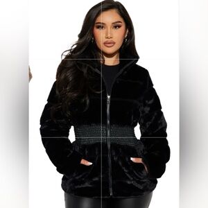 Women's Faux Fur Jacket with faux fur waistline- Black